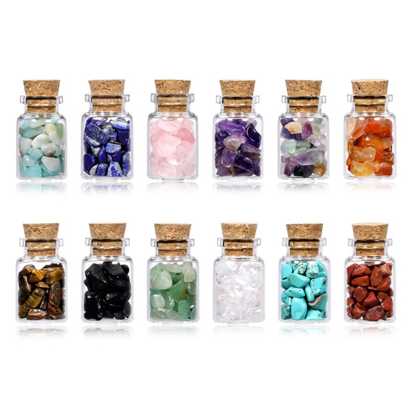 CrystalTears 12pcs Healing Crystals Gemstone Bottles Tumbled Reiki Wicca Supplies Quartz Crystal Chips Stones Set with Gift Box for Meditation Home Decoration Christmas Gift