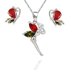 Crystalline Azuria Fairy Tinkerbell Butterfly Set with Colorful Zirconia Crystals Necklace Stud Earrings 18K White Gold Plated for Women