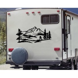 Minglewood Trading Ivory | Bigfoot Mountain Trees Scene V2 Vinyl Sticker | Camper RV Travel Trailer Graphics 4x4 | Die Cut Decal | 48w x 22h inches