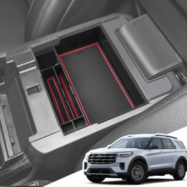 LANGBEAN Armrest Organizer for 2025 2024-2020 Ford Explorer, Center Console Organizer with Removable Rubber Mat, Center Console Tray Custom for Ford Explorer Accessories, Red