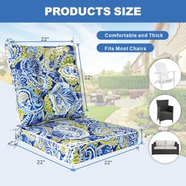 XXPILOS Outdoor Chair Cushions Seat/Back Set Patio Furniture Cushion Indoor & Outdoor 22x22 Inch with Ties Waterproof Home Garden