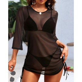 Yonique Women's Mesh Cover Up Swimsuit - Sheer Coverup See Through Bathing Suit Dress Black XXL