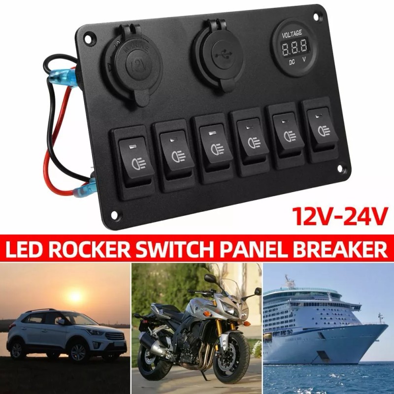 AOMINOHOMA 6 Gang 12V/24V Inline Fuse Box LED Rocker Switch