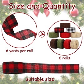 JarThenaAMCS 6 Rolls 36 Yard Christmas Plaid Burlap Ribbon Rolls 1 Inch Gift Wrapping Ribbon Winter Xmas Decorative Ribbon for DIY Crafts Wreath Bow Making Supplies