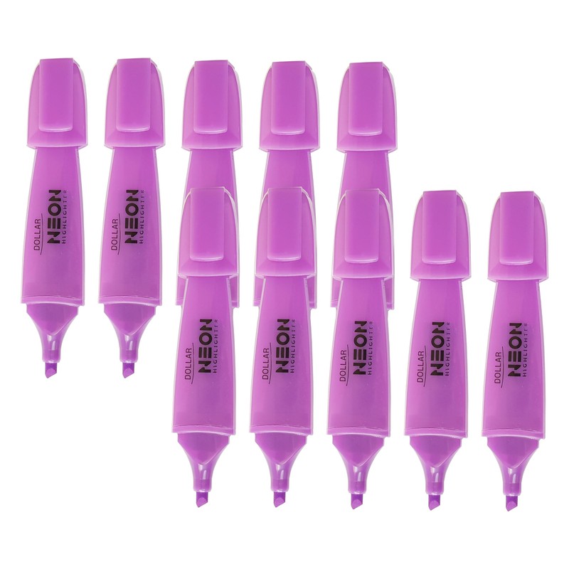 DOLLAR HL625 Neon Fluorescent Highlighter Pens, VIOLET, Pack of 10,