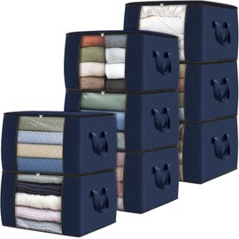 Fab totes 8 Pack Clothes Storage, Foldable Thick Fabric Blanket Storage Bags, Containers for Organizing Bedroom, Closet, Clothing, Comforter,Closet Organization with Handle,Blue