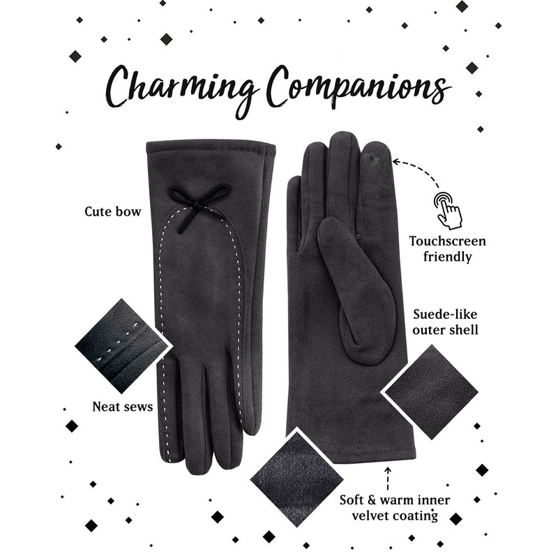 Rose Black Winter Gloves for Women - with Cute Bow