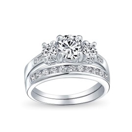 Classic Traditional 3CT Round Solitaire 3 Stone Past Present Future Solitaire Pave Band AAA CZ Anniversary Wedding Engagement Ring Set Band For Women .925 Sterling Silver