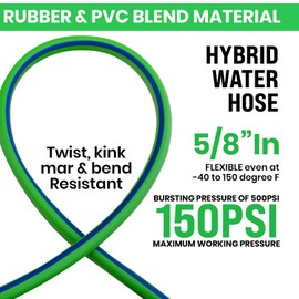 YOTOO Heavy Duty Hybrid Garden Hose 5/8-Inch by 50-Feet 150 PSI Water Hose, Kink Resistant, Flexible with Swivel Grip Handle and 3/4" GHT Solid Brass Fittings, Green+Blue