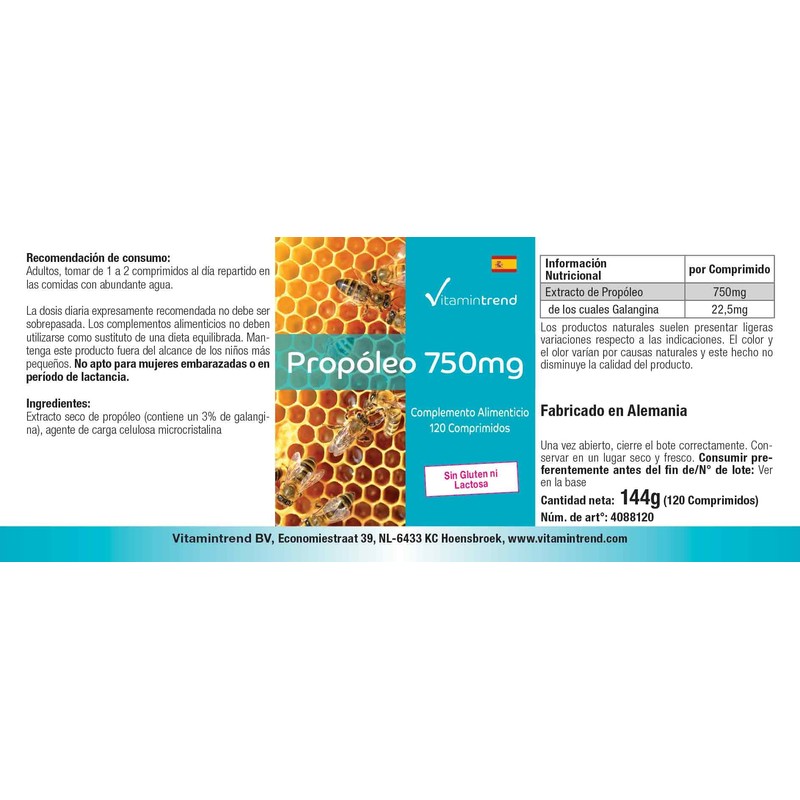 Vitamintrend Propolis Extract 750 mg, 120 Tablets, with Galangin, Dietary