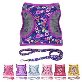 Moonpet Step in Dog Harness Leash Set- All Weather Reflective No-Pull Floral Pattern Padded Mesh Vest Harness for Cats Puppy Extra-Small Small Medium Large Dogs - Dark Flower - M