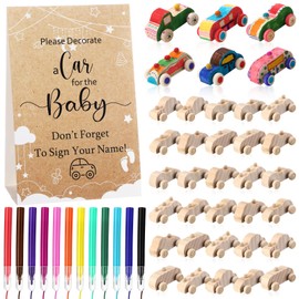 WinnerWhy Baby Shower Game Sign Kit Includes 32 Unfinished Wooden Car Blocks, 12 Markers, and a Prize Decoration Sign for Baby Shower (Kraft)