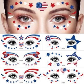 4th of July Temporary Tattoos Stickers Flag Tattoos Decals for Face Eye Makeup Sticekr Decals for Women Men 10 Sheets Patriotic Body Decals for Independence Day Party Decoration