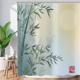 Asdcxz Bamboo Shower Curtain, 180 x 200 cm, Asian Chinese Painting Green Bamboo, Blessing, Spa, Meditation, Washable Shower Curtains for Bathtub, Polyester Textile, Waterproof, with 12 Hooks