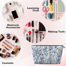 HAKOQI Portable Makeup Bag Zipper Pouch Travel Make up Organizer Bag Toiletry bag Water-resistant Aesthetic PVC Leather Cosmetic Bags for Women and Girls with Blue Line Flower