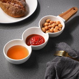 3 Compartment Condiment Tray Round Bowl Porcelain Chip and Dip Serving Set with Wooden Grips Condiment Trays for Parties Perfect for Chips Nuts Candy Snacks Veggies (round)
