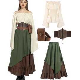 kasahara 5 Pieces Medieval Clothing Women's Set, Retro Off Shoulder Blouse Dress Renaissance Costume Victorian Clothing Maxi Dressm with Corset, Belt Bag, Belt, Carnival Fancy Dress Costume (Green, L)