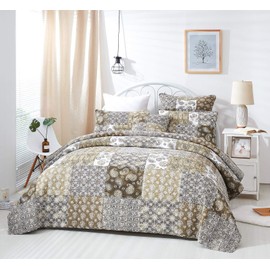 DaDa Bedding Bohemian Cotton Real Patchwork Quilt Bedspread - Moroccan Dreams Floral Paisley Olive Green Brown - Multi-Colorful Golden Quilted Coverlet Set - Twin - 2-Pieces