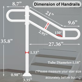 Upgraded Single Post Handrail, 32" - 8.5"L x 35.8"H Hand Rails for Outdoor Steps, White Metal U-Shaped Stair Railing, Floor Mounted Hand Rails for Outdoor 1-3 Steps with 2 Anti-Skid Crossbar for Porch