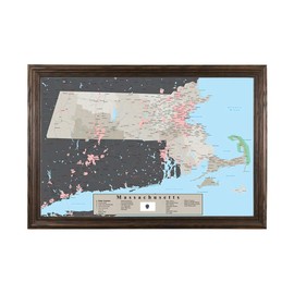 Push Pin Travel Maps - Massachusetts Earth Toned - Solid Wood Brown Framed Pin Map for Tracking Your Travels - 27.5" x 39.5" - 8 Handcrafted Frame Options - Made in USA - Ideal for Any Traveler