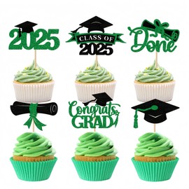 2025 Graduation Cupcake Toppers, 36 pack Glitter Class of 2025 Congrats Grad Diploma Cap Cupcake Picks for Graduation Party Decoration (Green)