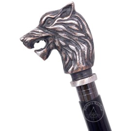 Vintage Walking Cane, Black Wood Stick with Antique Brass Wolf Head Handle, Decorative Walking Support