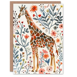 Artery8 Greeting Card Giraffe with Wildflowers Watercolour Folk Art for Her Woman Birthday Card