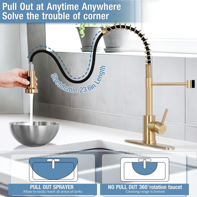 DJS Kitchen Faucets with Pull Down Sprayer Brushed Gold -Single