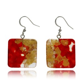 Handmade Luxury Unique Dangle Earrings for Women - Fashion Geometric Statement Jewellery (Style 14 - Square Bright Red Gold Foil)