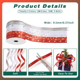 Craftdady 3 Rolls 3/8 Inch x 10 Yard Christmas Ribbons for Crafts, Hot Stamping Christmas Tree Snowflake Printed Polyester Ribbons Christmas Grosgrain Ribbons for Gifts Wrapping Festival Decoration