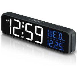 9" Digital Alarm Clock Large Display for Bedroom Living Room, Loud for Heavy Sleepers Adults, Auto DST, Date Day of Week Temperature, Dimmable Plug in Electric Clock Battery Backup & USB Port - Colour: White and Blue