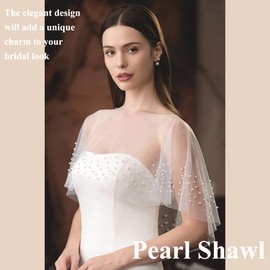 YAEISM Pearl Wedding Shawl White Wrap Shrug Bridal Cape Sheer Tulle Wedding Cape Dress Cover Up Evening for Women Girls Dresses