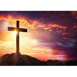 BELECO 8x6ft Fabric Jesus Christ Cross Backdrop Easter Photography Mountain Holy Light Sepulcher Lord Pray Background Church Easter Birth of Jesus Backdrop Crucifixion Religious Photo Studio Props