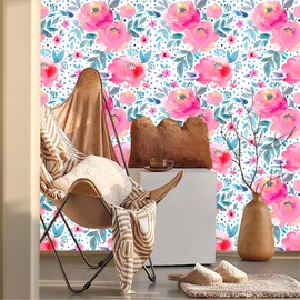 WalRiddle Pink Watercolor Peony Florals Green Leaf Flowers Dots Peel and Stick Wallpaper Easy Peel Off Contact Paper Stick on Adhesive Wall Paper for Bathroom Waterproof Renter Friendly