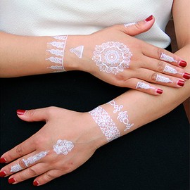 Yesallwas White Henna Flower Wedding Large Set of 6 White Small Floral Metal Star Wings Sea Flower Shiny Tattoo Sticker Body Seal for Arms, Legs, Body, Back Tatoo (D)