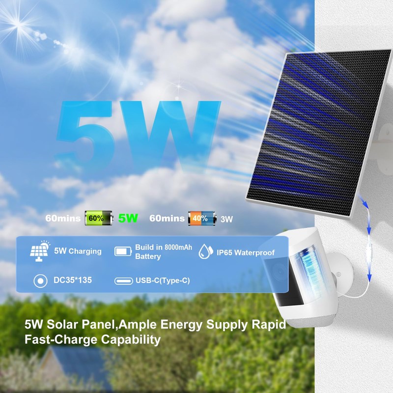 5W Solar Panel Built-in with 8000mAh Battery for Security Camera