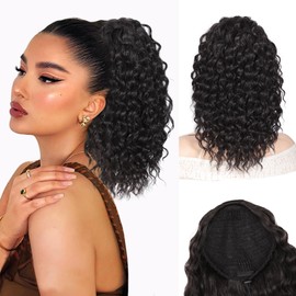 QGZ Ponytail Extension,Drawstring Ponytail for Black Women 14 Inch Synthetic Short Wavy Curly Layered Pony Tails Hair Extensions for Daily Use(Black)