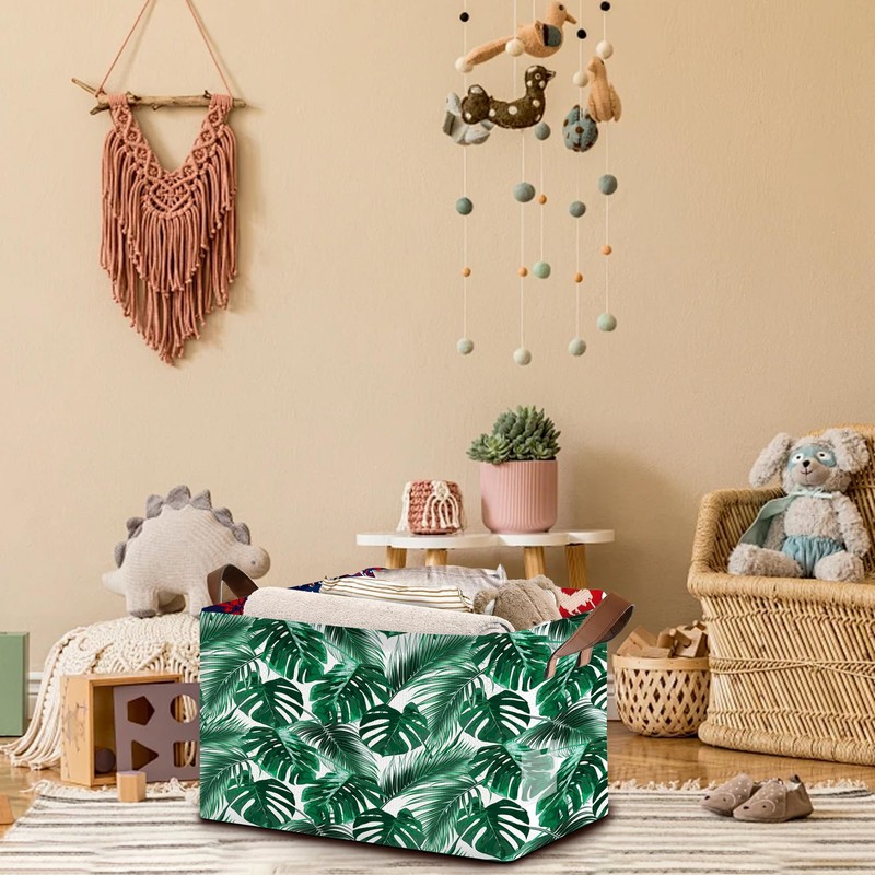 Palm Banana Leaf Rectangular Storage Basket,Collapsible Fabric Storage Container with