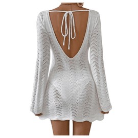 GORGLITTER Women's Backless Crochet Cover Up Swimsuit Long Sleeve Swimwear Summer Beach Vacation 2025 Dresses White Small