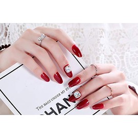 24pcs Jewelry Inlay Artificial Diamond Shining Elegant Medium Length Nail Bride Wear Nail Art (Red)
