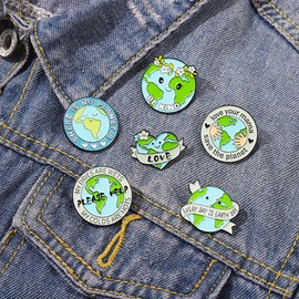 Earth Brooch Save The Planet Lapel Pin for Women Cartoon Green Earth Enamel Pin Set Round Environment Earth Brooch for Backpacks Badges Suits Dress Clothing Gift 6 Pcs/Set, Metal, no gemstone