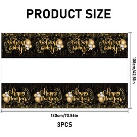 TOPJOWGA Happy New Year Tablecloths 2025, Pack of 3 Black Gold New Year's Eve Party Tablecloths, New Year's Eve Party Decoration, Happy New Year Party Decoration Tablecloth