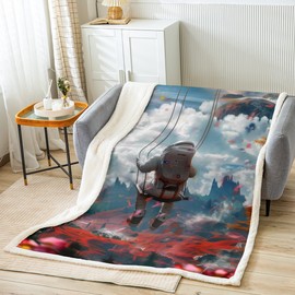 Astronaut Kids Throw Blanket,Planet Cloud Sky Flowers Rustic Autumn Bed Blanket for Boys Girls,Outer Space Spaceman Swing Fleece Blanket,Blue White Fuzzy Blanket,Twin Size (60 x 80 Inches)
