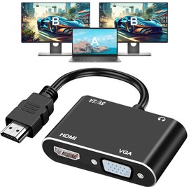 AKWOR HDMI to VGA+HDMI Adapter for Dual Monitor, HDMI to VGA & HDMI Splitter 2-in-1,1080P@60HZ Full HD Display Video Converter Compaitble with Windows/Mac Os/Linux, Plug & Play