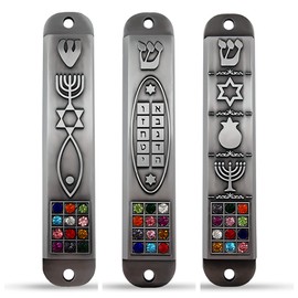 TALISMAN4U Set of 3 Pewter Mezuzah Case with Scroll for Door 3D Menorah Star of David Ten Commandments 12 Tribes of Israel Messianic Seal Jewish Mezuzah Set Judaica Gift 10 cm / 4 inch
