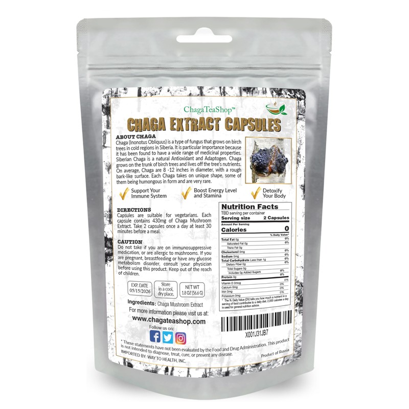 Siberian Chaga Extract Capsules Dietary Supplement 2 Month Supply 120