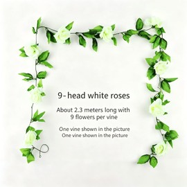 Artificial Rose Vine, 2 Pack 7.5FT Fake White Flower Garland with Green Leaves, Hanging Silk Rose Vines for Wedding Arch Party Home Garden Wall Decor