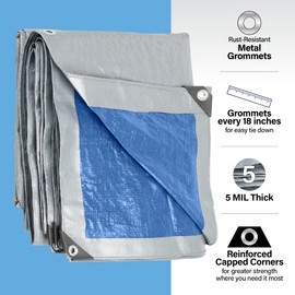 10x12 Tarp Waterproof Plastic Tarp - Grommets Every 18 Inches - 5 Mil - Multipurpose Water Proof Cover for Rain, Outdoor, Garden, Camping, Emergency Survival (Reversible Tarpaulin, Blue and Silver)