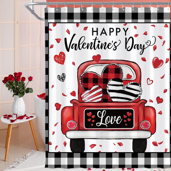 Valentines Buffalo Check Plaid Shower Curtain, Farmhouse Love Truck Shower
