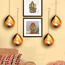 TIED RIBBONS 4 Set Wall Hanging Tea Light Candle Holders | Iron, Golden | 18 Inch | Votive Sconce Candle Holder for Home, Living Room, Wedding, Accents Decor, Indoor | Diwali Decorations for Home